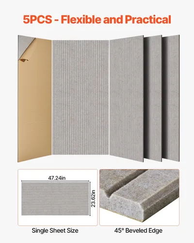 Miniatura 6 de VEVOR Paquete de 5 paneles acústicos con autoadhesivo, paneles de espuma a prueba de sonido de 47.2 x 23.6 x 0.4 pulgadas, paneles de pared Camel