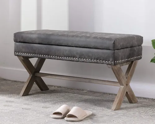 Miniatura 8 de chairus Banco de entrada tapizado de piel sintética, asiento de banco de dormitorio de 36 pulgadas con patas de madera en forma de X para sala