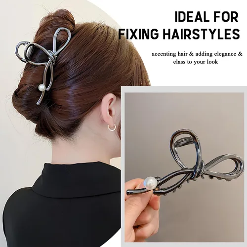 Miniatura 4 de Pinzas de metal negro con diseño de perlas blancas, elegantes horquillas francesas, pinzas de mandíbula negras para cabello grueso y fino, sin