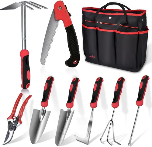 WisaKey - Herramientas de jardinería rojas, 9 piezas de acero inoxidable resistentes con mango ergonómico antideslizante, bolsa de mano, kit de