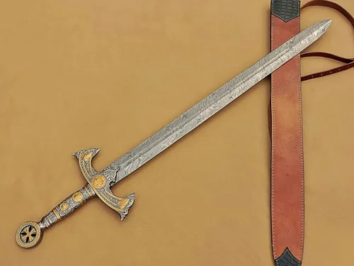 Miniatura 3 de Espada Templaria medieval hecha a mano, espada larga de Damasco sagrada con funda de cuero