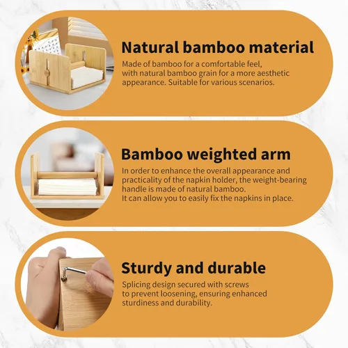 Miniatura 4 de Servilletero de bambú para mesa, servilletero cuadrado con brazo pesado, soporte de papel de cóctel de madera para cocina, comedor y fiesta
