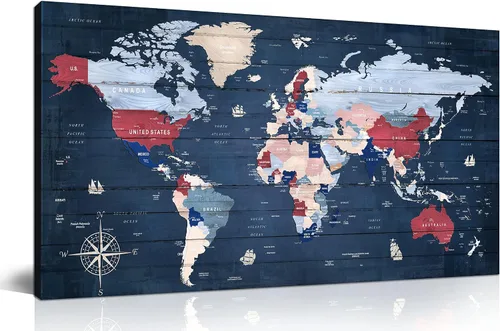 ZHAOSHOP Arte de pared de mapa del mundo azul para oficina, grandes mapas del mundo para pared, lienzo estirado y enmarcado listo para colgar,