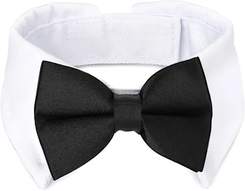 Collar de esmoquin con moño para perro Segarty - Corbatín negro con corbata de cuello ajustable y hecha a mano en blanco para gatos y perros machos