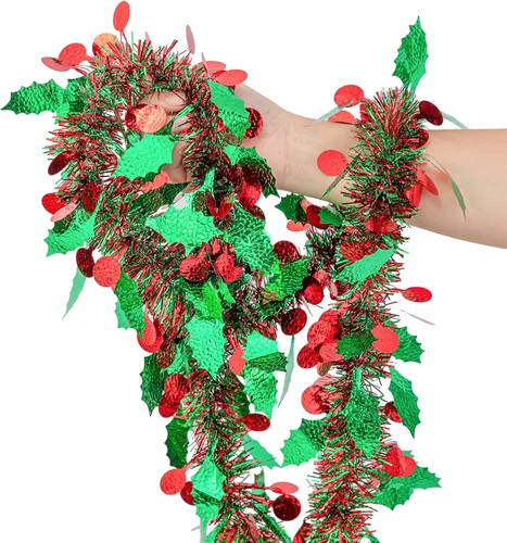 Miniatura 3 de Guirnalda de Oropel de Navidad de 33 Pies, Guirnalda de Oropel Metálico Trenzado Rojo Verde con Ornamentos de Bayas y Hojas, Decoración Colgante
