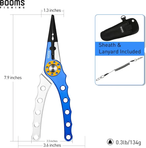 Miniatura 6 de Booms Fishing X1 Alicates de pesca de aluminio, removedor de ganchos, corte de línea trenzada, y partición de anillo con cordón y recubrimiento Azul