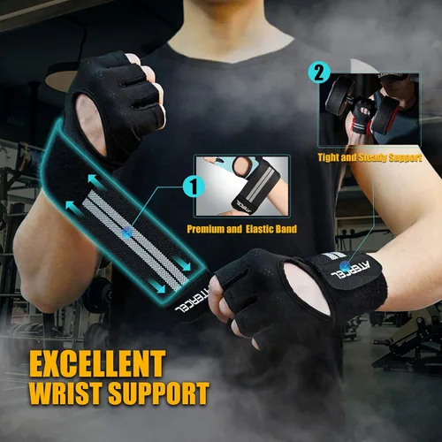 Miniatura 4 de ATERCEL Guantes de entrenamiento transpirables con soporte de muñeca para gimnasio, ejercicio, dominadas, súper ligeros para hombres y mujeres, Negro