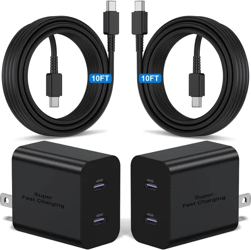 Paquete de 2 cargadores súper rápidos de 45 W tipo C de 10 pies, USB C de carga de pared y cable largo de cargador de teléfono Android para Samsung