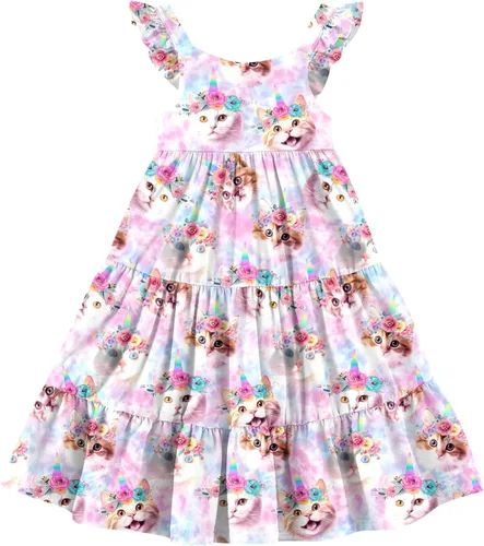Miniatura 14 de Vieille Vestido de verano para niñas pequeñas, con volantes, sin mangas, casual, vestido de playa, escalonado, vestido de princesa para 2-8 años