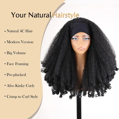 Miniatura 2 de SOKU Nueva peluca rizada afro con diadema, textura de cabello sintético trenzado con rizos únicos en el extremo, negro de 20 pulgadas, pelucas