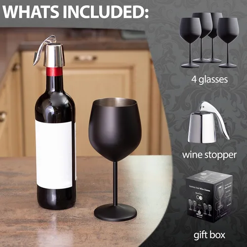 Miniatura 3 de Juego de 4 vasos de acero inoxidable, colección negro y plateado, vasos irrompibles de 18 onzas con tapón de vino, vasos de metal portátiles