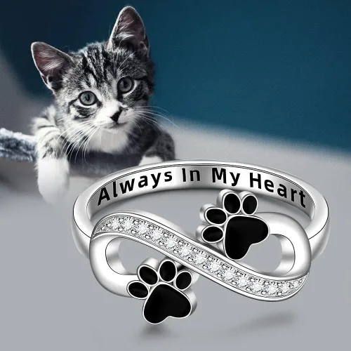 Miniatura 5 de Anillo de plata de ley con estampado de pata de gato y perro para mujer, anillos con estampado de pata de infinito Always In My Heart Memorial