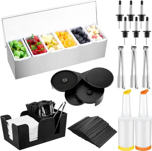 Miniatura 9 de Mifoci Bartending Supplies Bandeja de Guarnición con Tapa Caddy de Bar Rimador de Vasos de 3 Niveles 12 Vertedores de Botellas de Acero Inoxidable 2