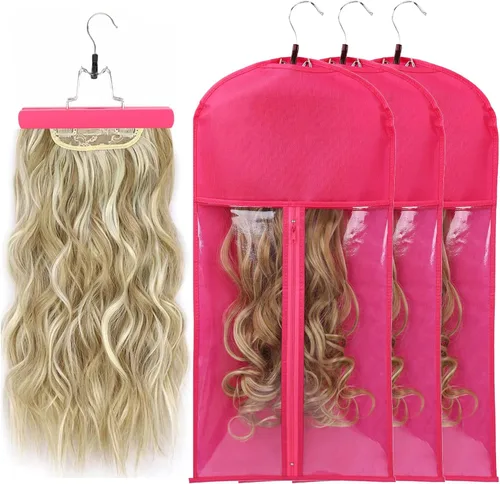 Miniatura 10 de 3 piezas de bolsa de almacenamiento extralarga para pelucas con colgador de madera, bolsa de almacenamiento para extensiones de cabello con Rosa Hot