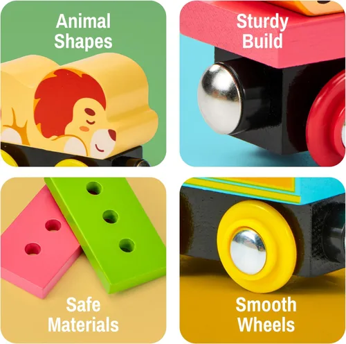 Miniatura 5 de Montessori - Juego de juguetes de tren de madera para niños, 12 vagones magnéticos de tren con caja de regalo de almacenamiento, juguete educativo