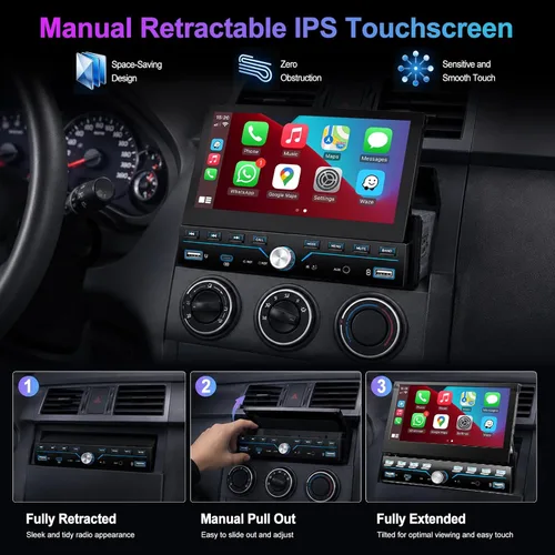 Miniatura 2 de Estéreo de Coche Individual DIN Apple Carplay y Android Auto 1 DIN 7 Pulgadas Pantalla Táctil Abatible Radio de Coche con Bluetooth y Micrófono