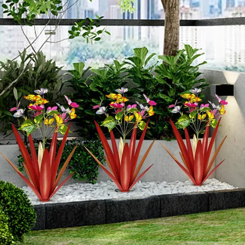 Miniatura 5 de TOMBABY Mariposa de Jardín Exterior Agrandada Engrosada Resistente al Viento Metal Agave Arte de Jardín Metal Planta Escultura de Campo Estatua Rojo