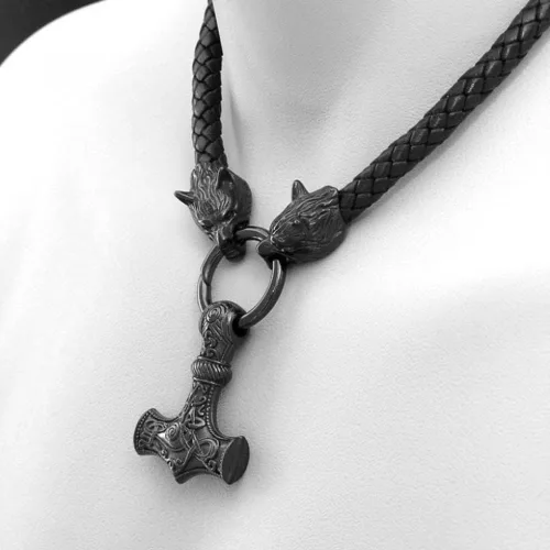 Miniatura 6 de Black Viking Odin Thunder Hammer And Roaring Wolf Head Mjolnir Thora's Hammer Amulet Necklace Viking Jewelry