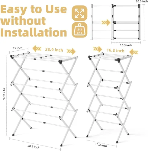 Miniatura 2 de BAKON Estante de secado de ropa plegable que ahorra espacio, extensible a prueba de óxido para uso en interiores y exteriores, no requiere montaje