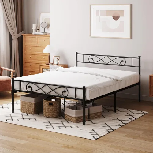 Miniatura 10 de Base de cama de plataforma metálica King con cabecero, soporte de listones de acero resistente, base de colchón, almacenamiento debajo de la cama