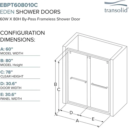 Miniatura 4 de Transolid EBPT608010C-T-CB Eden 56-60 pulgadas de ancho x 80 pulgadas de alto Puerta de ducha doble corredera sin marco con exclusiva tecnología