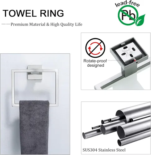 Miniatura 2 de Juego de toallas de baño de 5 piezas de níquel cepillado cuadrado moderno juego de accesorios de baño de acero inoxidable montado en la pared