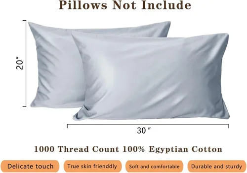 Miniatura 7 de Juego de 2 fundas de almohada de algodón de 1000 hilos tamaño estándar, 100% algodón egipcio tejido satinado, fundas de almohada con cierre de Beige