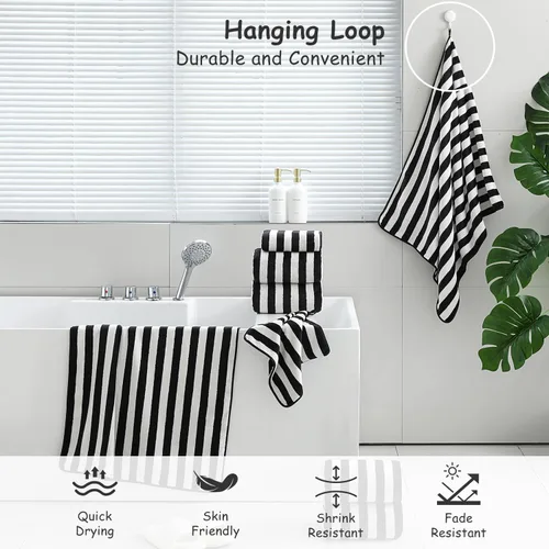 Miniatura 4 de Juego de 18 toallas de baño de rayas color blanco y negro con lazo para colgar, 6 toallas de baño, 6 toallas de mano, 6 toallas familiares, juego