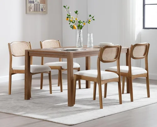 Miniatura 15 de EALSON Juego de 2 sillas de comedor de ratán estilo granja, modernas de mediados de siglo, sillas auxiliares de cocina tapizadas de lino