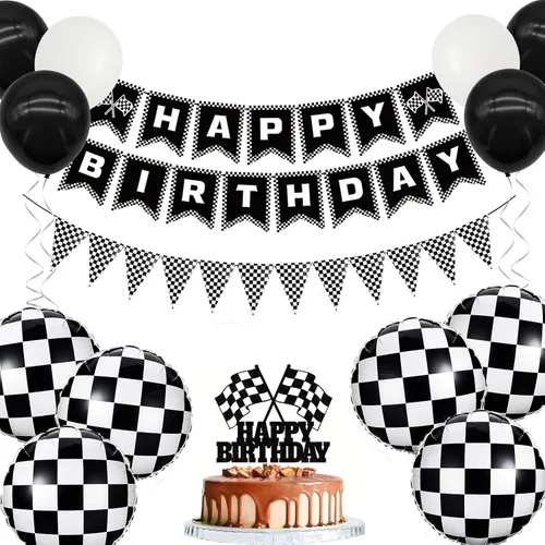 Miniatura 9 de Cartel de cumpleaños de coche de carreras, pancarta de feliz cumpleaños a cuadros, decoraciones de fiesta de autos de carreras, fiesta temática