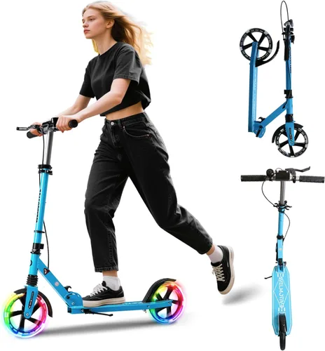 Patinete para niños de 8+ años, adolescentes y adultos, con freno de mano delantero y freno trasero, y manillar ajustable, ruedas grandes y Azul