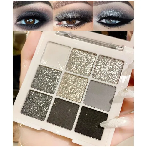 evpct Paleta de sombra de ojos con 9 colores, gris plateado con purpurina, sombra de ojos brillante y ahumada en negro, gris plateado y blanco