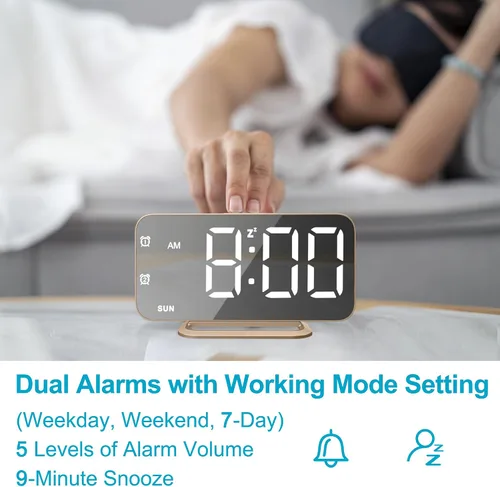 Miniatura 4 de Reloj de alarma digital LED delgado, superficie de espejo para maquillaje, con atenuación, pantalla grande, configuración fácil, puertos USB