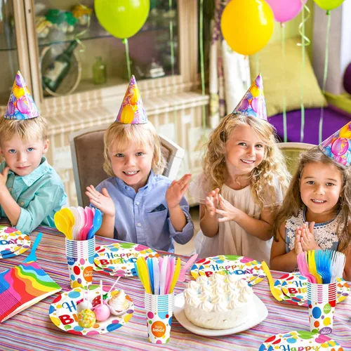 Miniatura 3 de Meanplan Sirve a 24 invitados con platos y servilletas de cumpleaños arcoíris con lunares, juego de vajilla de cumpleaños de lunares arcoíris