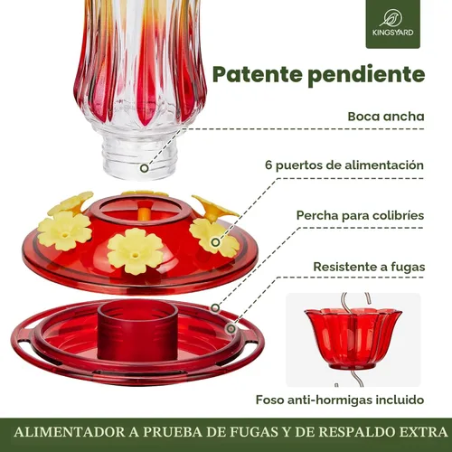 Miniatura 5 de Kingsyard Comedero para colibríes para colgar al aire libre, 25 onzas, alimentador de néctar de vidrio para colibríes con foso de hormigas y 6 Royal