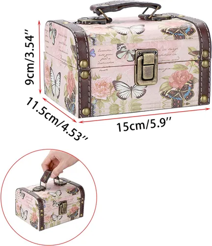 Miniatura 2 de ELLDOO Caja Decorativa de Cofre del Tesoro, Caja de Almacenamiento de Madera + Cuero PU para Joyas y Baratijas, Caja de Recuerdos para Mujeres
