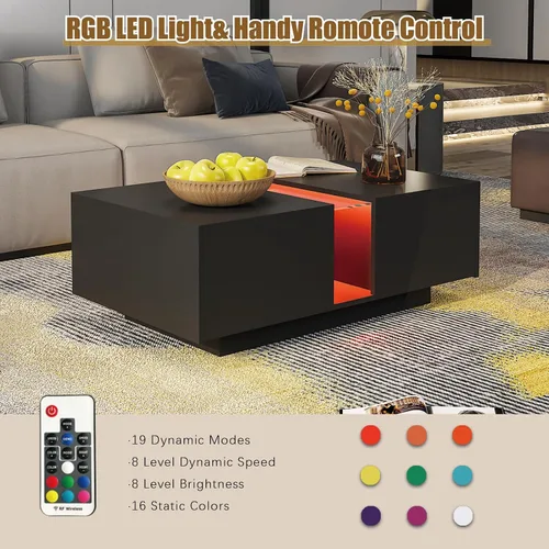 Miniatura 5 de HedoAjim Mesa de centro LED negra para sala de estar, mesa rectangular de sala de estar con almacenamiento, mesas de centro de acrílico con 2