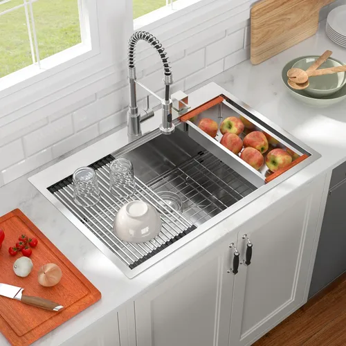 Miniatura 14 de Fregadero de cocina negro de 30"x19", estación de trabajo con revestimiento nano, acero inoxidable 304 calibre 16, hecho a mano, montaje superior