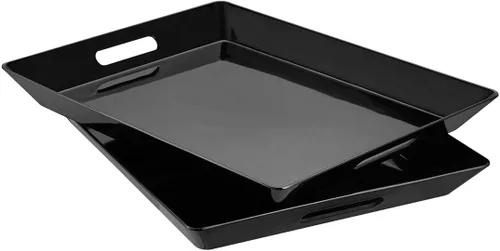 Bandeja grande negra, bandeja de melamina con asas, juego de 2 bandejas rectangulares para organizador de alimentos, desayuno, almuerzo, cena, 15.5