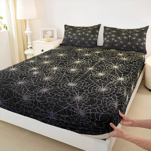 Miniatura 5 de Erosebridal Sábanas de Telaraña Juego de Sábanas Feliz Halloween Juego de Ropa de Cama de Líneas Rayas Geométricas Tamaño King Sábana Plana Amarillo