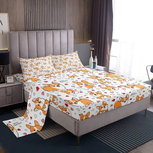 Feelyou Juego de sábanas Kawaii Corgi para niños pequeños, juego de ropa de cama para niños y niñas, diseño de caricaturas, cachorro, perro, sábana