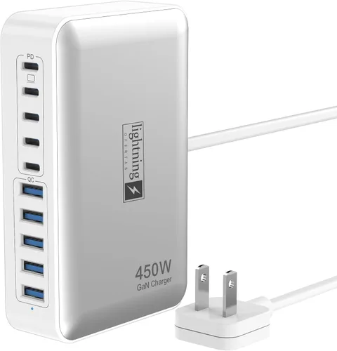 Miniatura 13 de Bloque de Cargador USB C de 10 Puertos, Estación de Carga USB de 450W para Múltiples Dispositivos, 5 Tipo C + 5 USB A Concentrador de Carga GaN PD