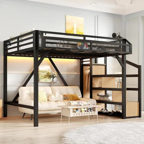 Miniatura 10 de SOFTSEA Cama alta individual XL con escaleras y almacenamiento, marco de cama de metal con puertos USB y luces LED, cama alta resistente con armario