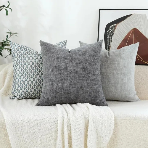 Miniatura 5 de Stellhome Blue Grey Chenille Throw Pillow Covers 16x16 Inch Set of 2, Soft Line Textured Cushion Cases, Modern Farmhouse Boho Home Decor for Couch