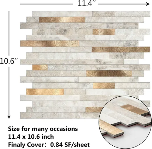Miniatura 2 de KASARO - Azulejos de 1 hoja para pelar y pegar para salpicaduras de cocina, mármol beige con rayas doradas antiguas, azulejo autoadhesivo