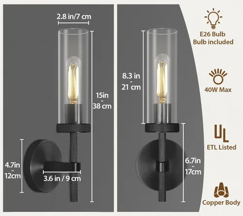 Miniatura 2 de Apliques de Pared Negros Juego de Dos, Aplique de 35.6 cm para Tocador de Baño, Apliques de Pared de Tubo de Vidrio, Iluminación de Apliques
