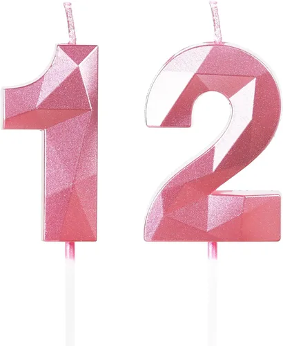 Velas del número 12, velas de cumpleaños 12, vela rosa de feliz cumpleaños para pastel, decoraciones de cobertura de pastel de diseño 3D para niñas,