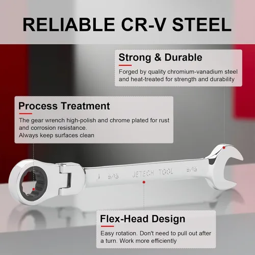 Miniatura 2 de Jetech Llave de engranaje de cabeza flexible de 5/16 pulgadas, llave combinada de trinquete de grado industrial, acero de aleación Cr-V forjado