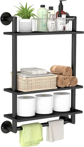 Miniatura 7 de STWWO Estantes de baño montados en la pared, estante de baño negro de 3 niveles con toallero, toallero flotante de acero inoxidable de 26 pulgadas
