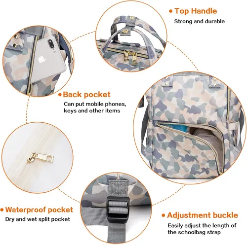 Miniatura 3 de LIMHOO Mochila para pañales para hombres y papá, bolsa de pañales de lona grande impermeable de camuflaje, bolsa para el cuidado del bebé